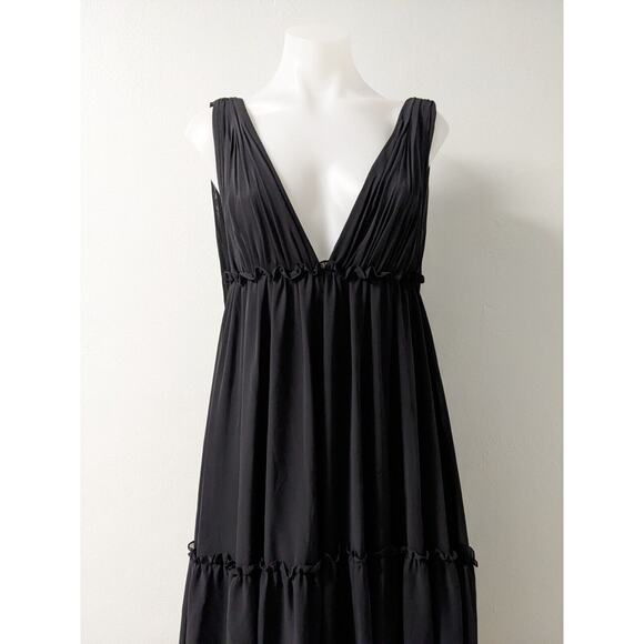 Leena for Mac Duggal Size 0 Ruffle Maxi Shift Tiered Dress Black V Neck Sheer - Picture 5 of 15